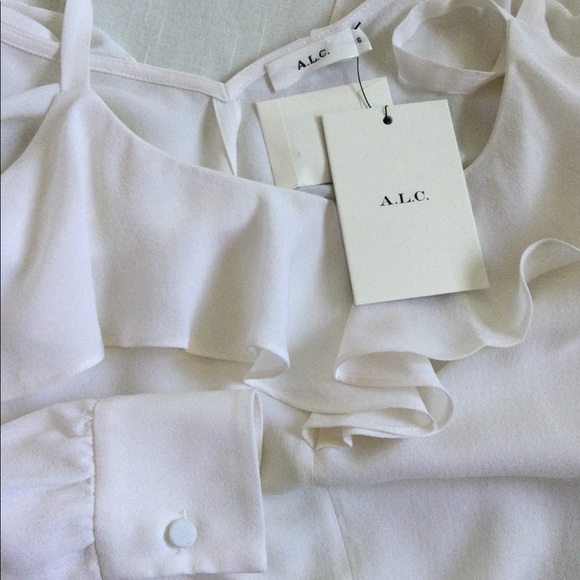 NWT A.L.C. Felix Silk Cold Shoulder Long Sleeve Ruffle Top Blouse Gesso 6 $325 - Picture 7 of 11